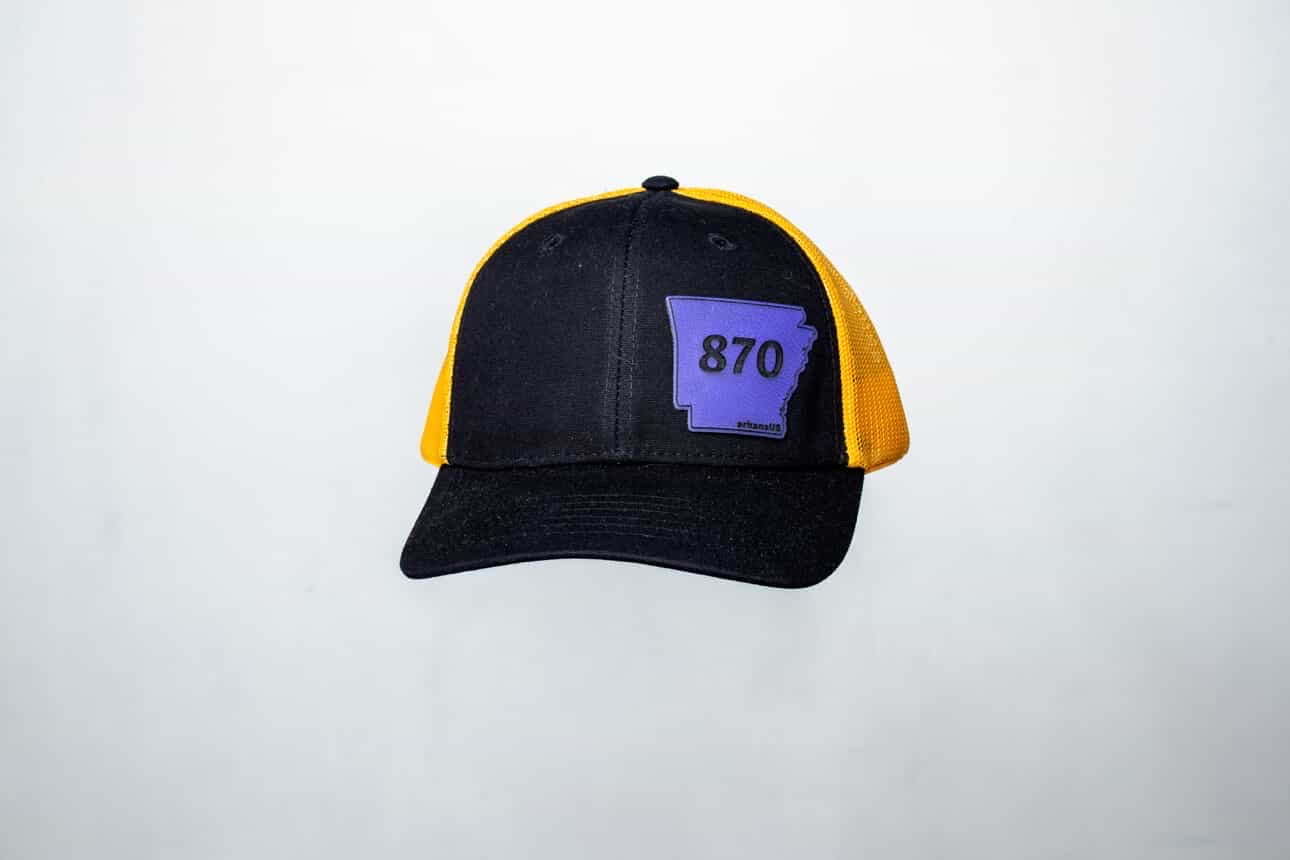 870 arkansUS Black and Yellow Gold w Purple State Patch-Mesh Baseball Cap