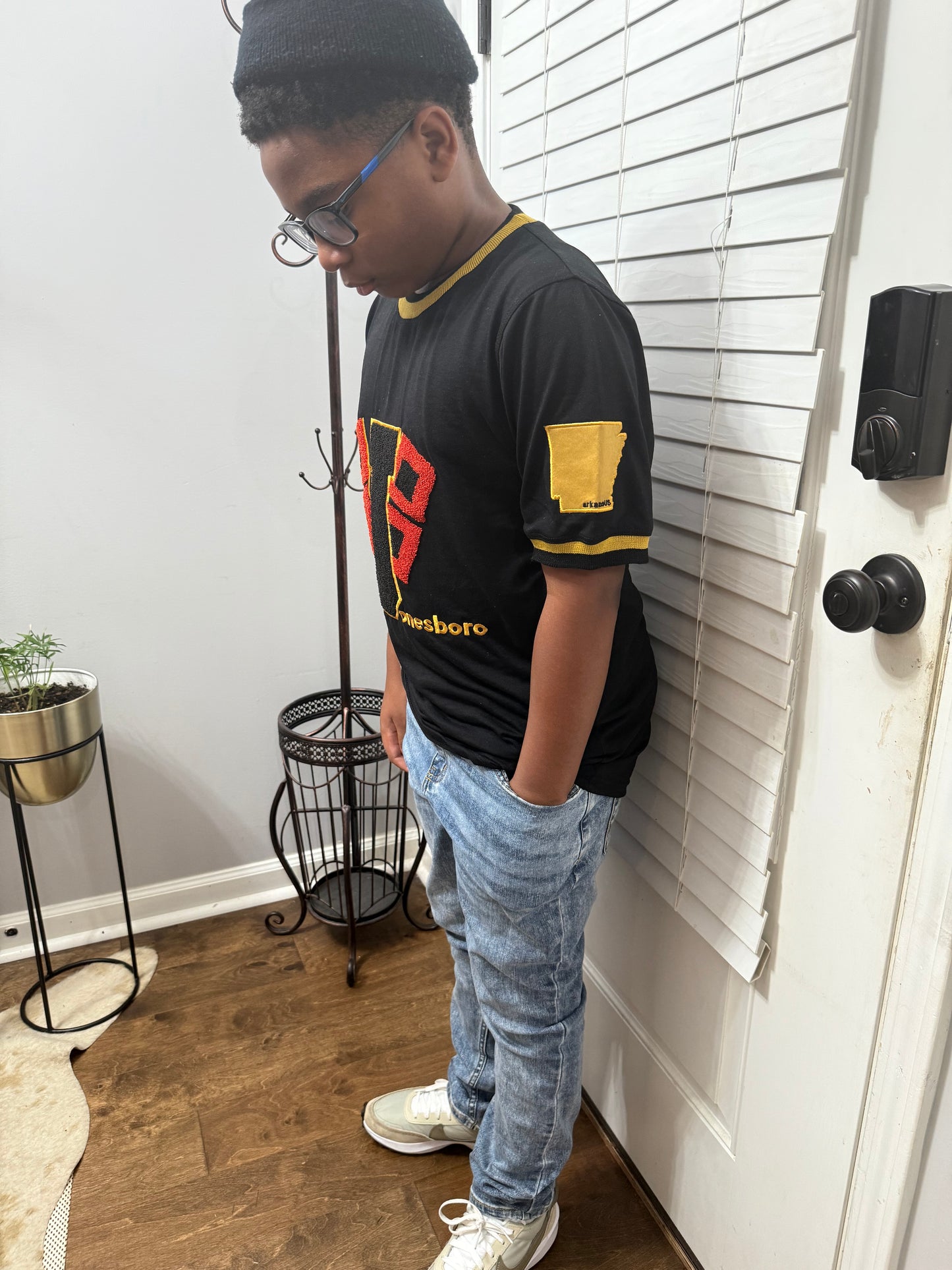 Jonesboro Hurricane -Black & Gold Mascot with Red accents- ArkansUS Crewneck T-SHIRT with-blank State Patch