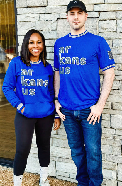 Royal Blue & Gray & White Trim- ArkansUS Crewneck T-SHIRT- State Patch-Grid lines