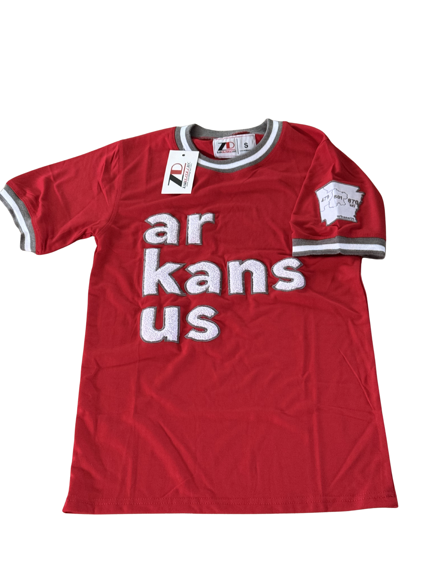 Red with White & Grey Trim- ArkansUS Crewneck T-SHIRT with-ALL Area Codes State Patch