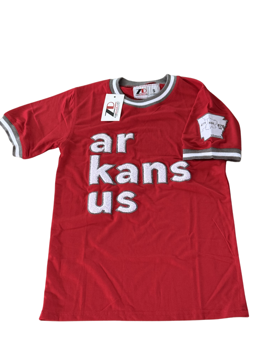 Red with White & Grey Trim- ArkansUS Crewneck T-SHIRT with-ALL Area Codes State Patch