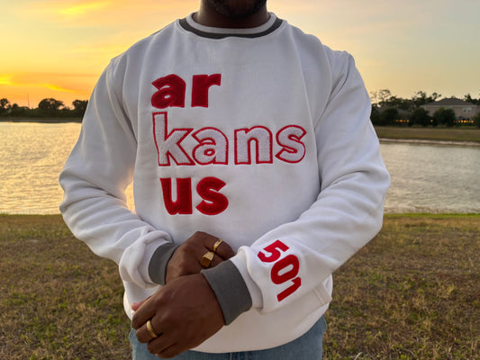 501-White & Red ArkansUS Crewneck Sweatshirt with Pockets