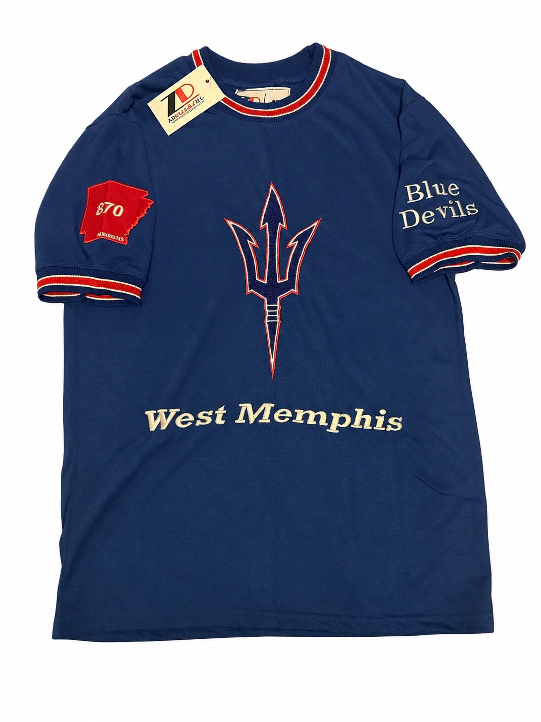 Pitch Fork-West Memphis Royal Blue with Red & White Trim- West Memphis Pitchfork-Crewneck Tshirt & 870 State Patch-