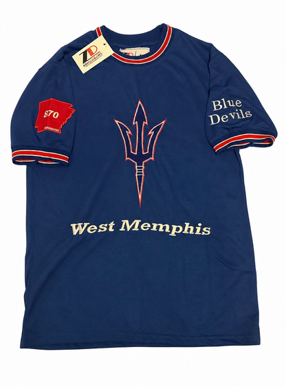 Pitch Fork-West Memphis Royal Blue with Red & White Trim- West Memphis Pitchfork-Crewneck Tshirt & 870 State Patch-