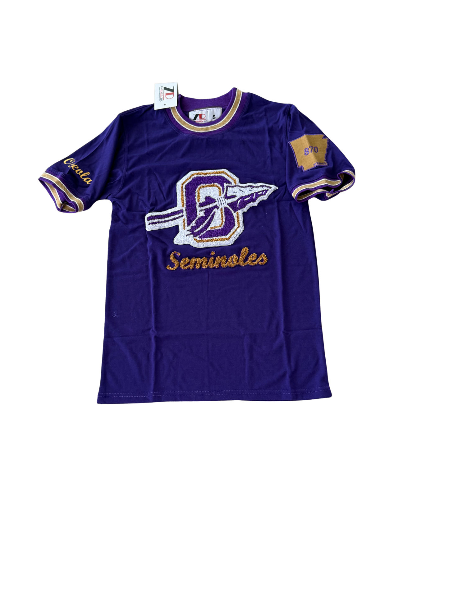 Osceola Seminoles - Purple Gold- White- ArkansUS Crewneck T-SHIRT with-870 State Patch