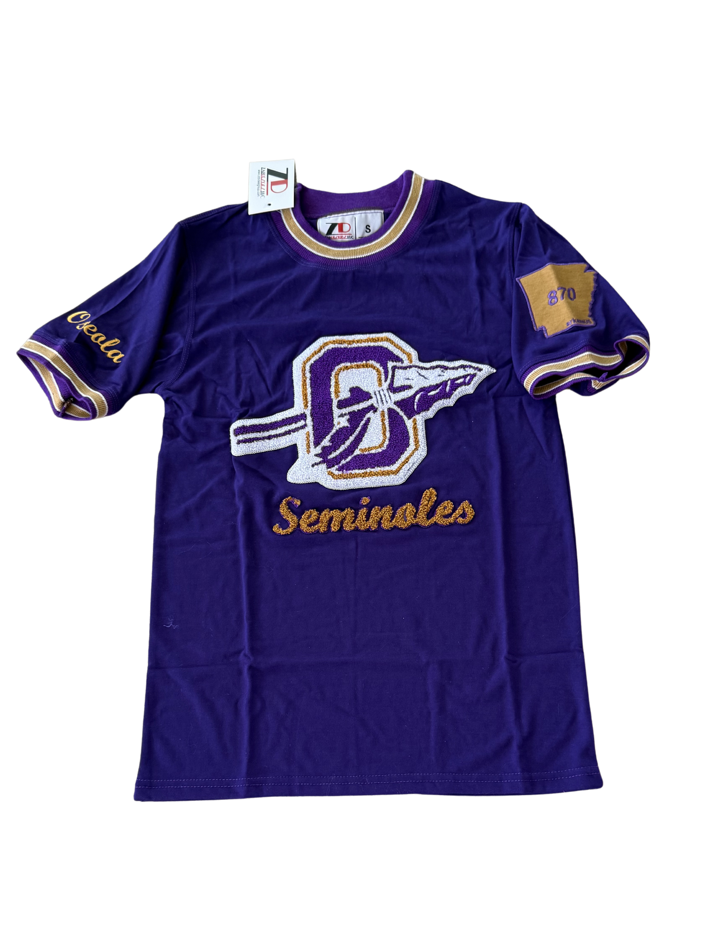 Osceola Seminoles - Purple & Gold & White- ArkansUS Crewneck T-SHIRT with-870 State Patch
