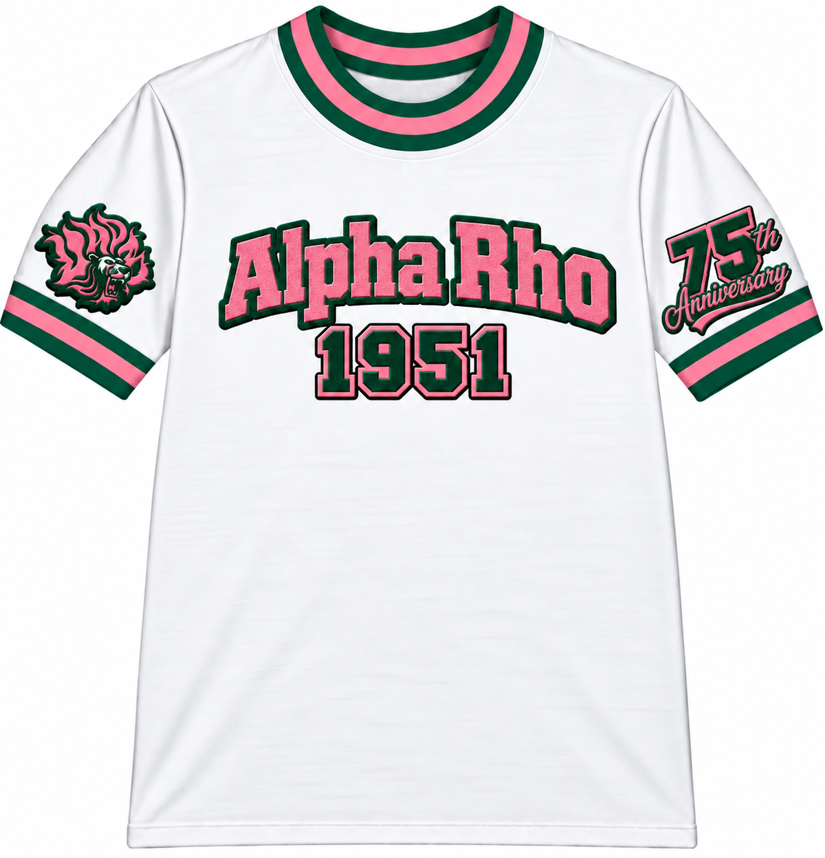Alpha Rho -White/Pink and Green- 75th Anniversary-Crewneck Ringer style T-SHIRT