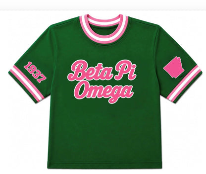 Beta Pi Omega -Green/Pink and White Crewneck Ringer style T-SHIRT with 1937 Sleeve
