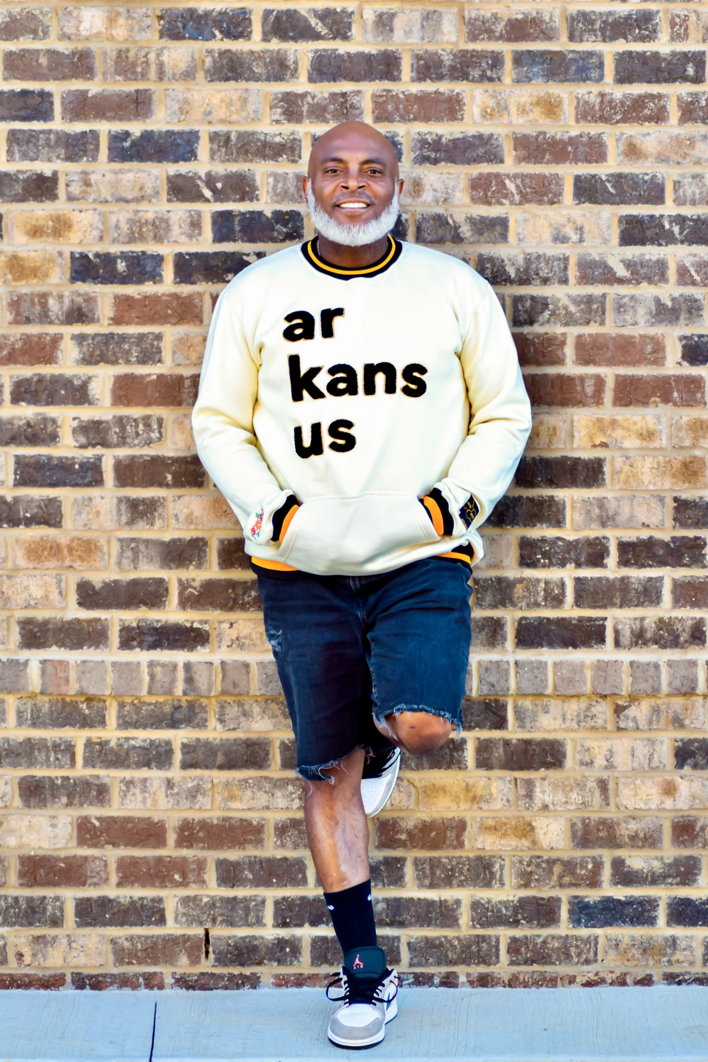 Ivory with Black & Gold Trim- ArkansUS Crewneck Sweatshirt with Pockets-ALL Area Codes State Patch