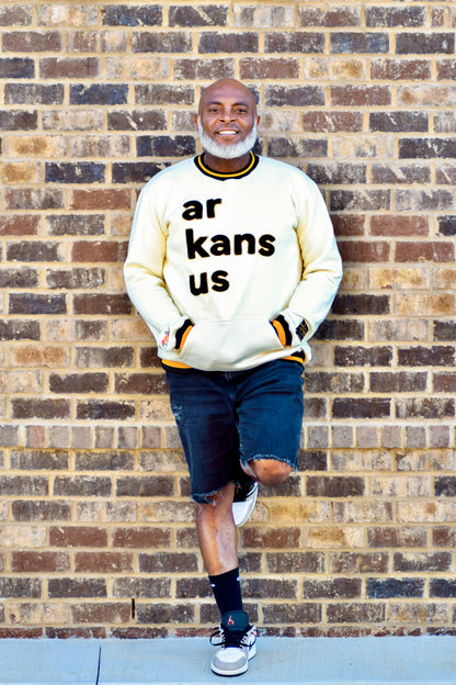 Ivory with Black & Gold Trim- ArkansUS Crewneck Sweatshirt with Pockets-ALL Area Codes State Patch