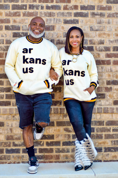 Ivory with Black & Gold Trim- ArkansUS Crewneck Sweatshirt with Pockets-ALL Area Codes State Patch