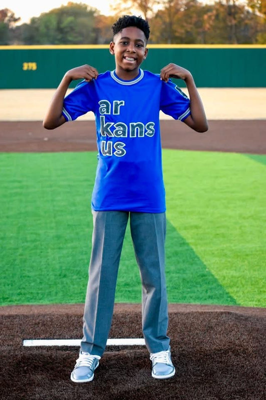 Royal Blue & Gray & White Trim- ArkansUS Crewneck T-SHIRT- State Patch-Grid lines