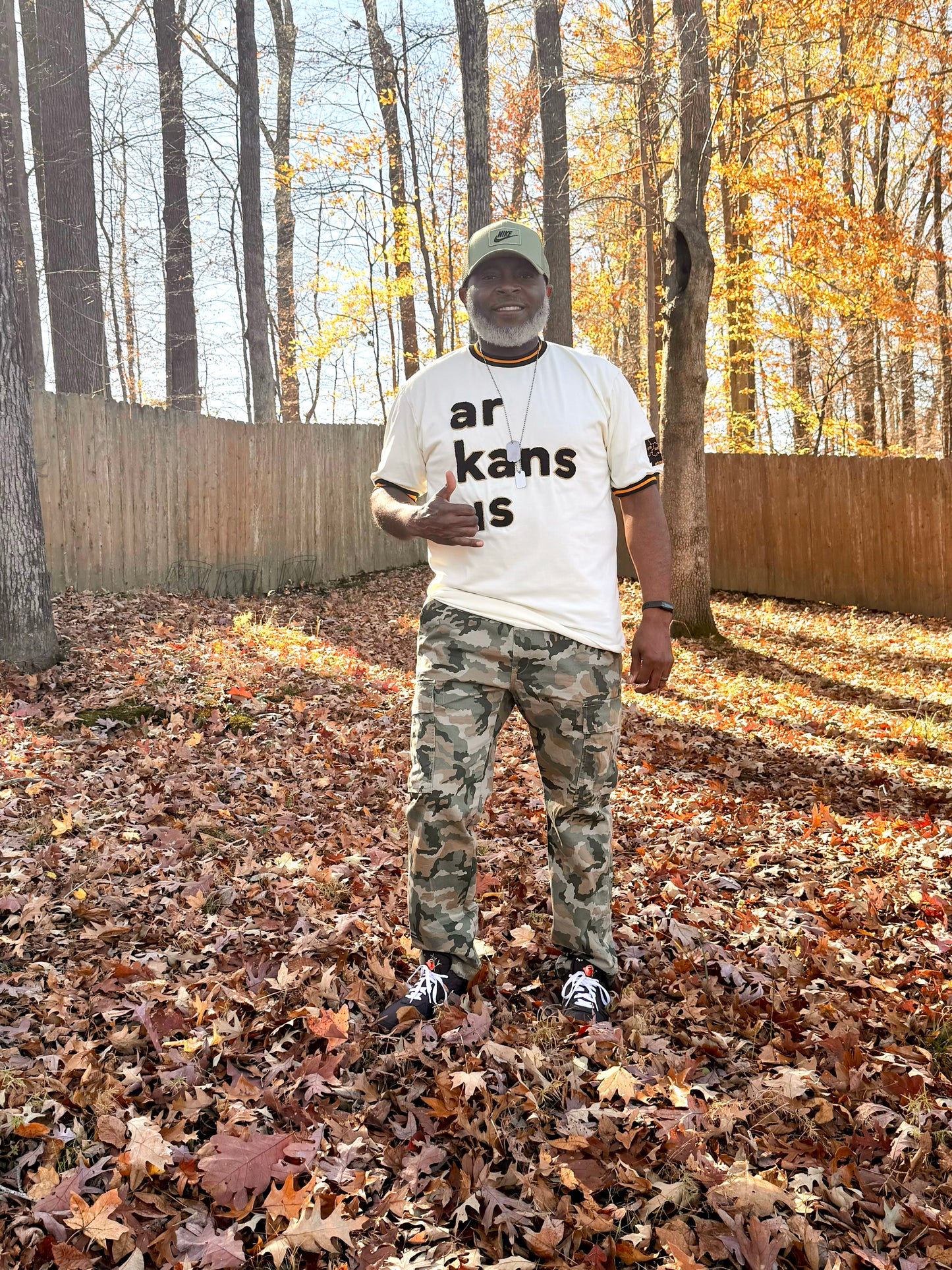 Ivory with Black & Gold Trim- ArkansUS Crewneck T-SHIRT with-ALL Area Codes State Patch