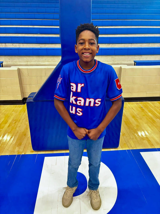 Royal Blue with Red & White Trim- West Memphis Pitchfork-ArkansUS Crewneck Tshirt & 870 State Patch-