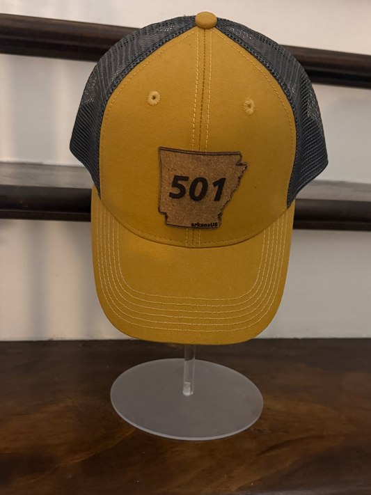 501 arkansUS Customized Gold & Gray w/Corkscrew State Patch Centered-Mesh Trucker Hat (Copy)