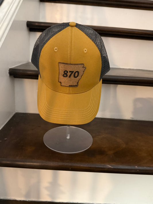 870 arkansUS Customized Gold & Gray w/Corkscrew State Patch Centered-Mesh Trucker Hat