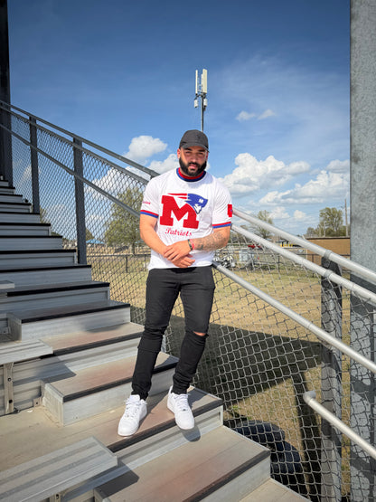 Marion -Patriots -White with Red and Blue accents- ArkansUS Crewneck T-SHIRT with-870 State Patch