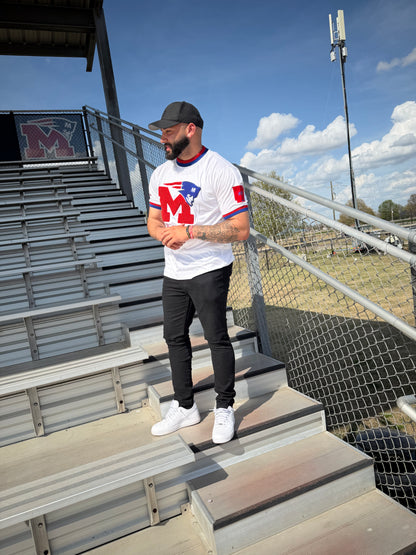 Marion -Patriots -White with Red and Blue accents- ArkansUS Crewneck T-SHIRT with-870 State Patch