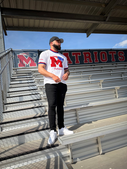 Marion -Patriots -White with Red and Blue accents- ArkansUS Crewneck T-SHIRT with-870 State Patch
