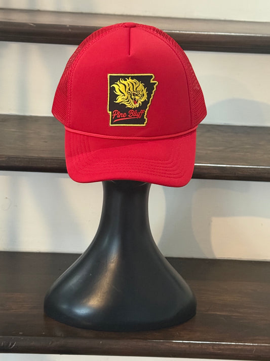 870 Red FoamTrucker Hat -Pine Bluff embroidered patch