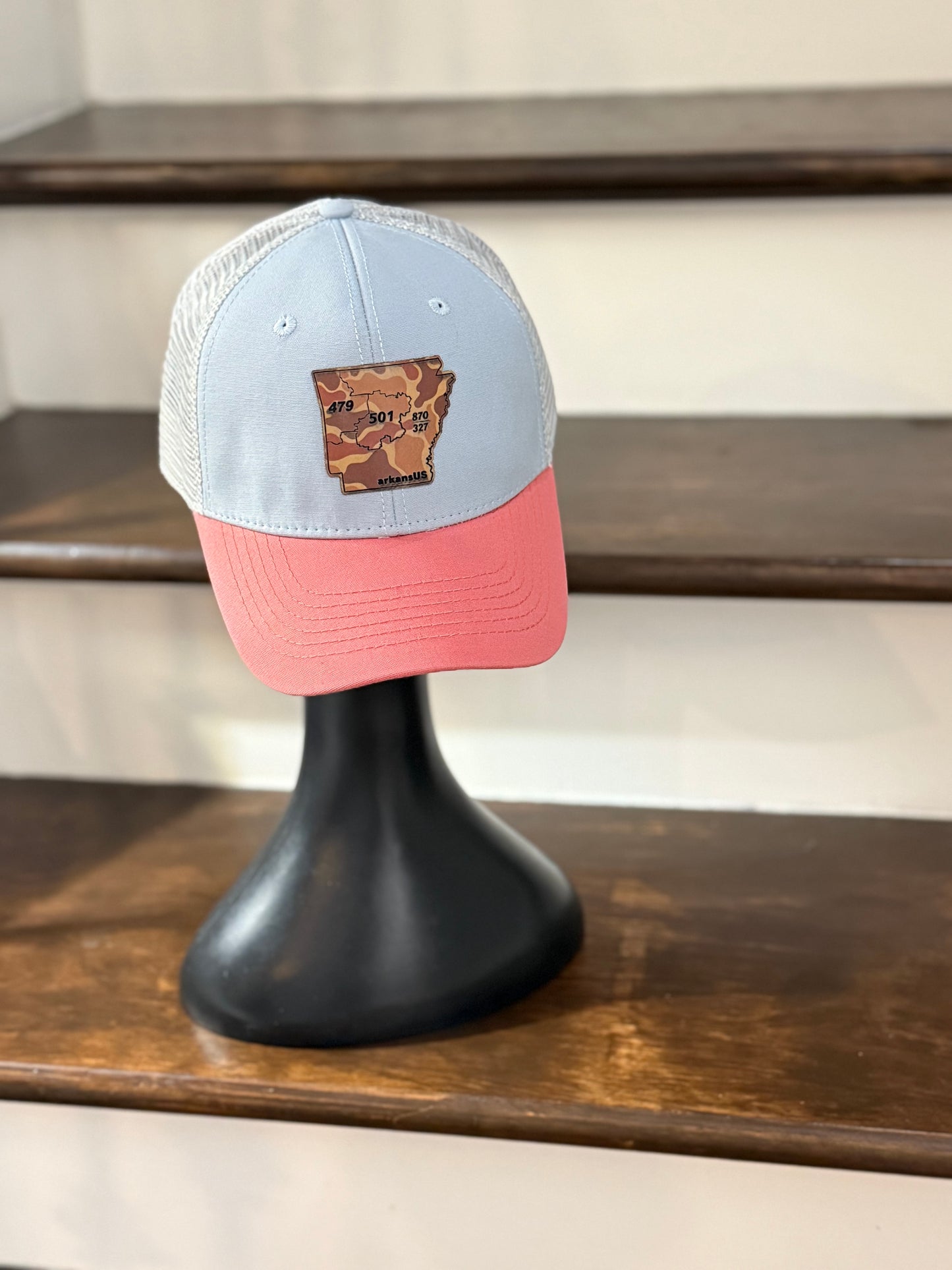 ALL of arkansUS Customized Light Pink & Blue with Camo State Patch-Mesh Trucker Hat