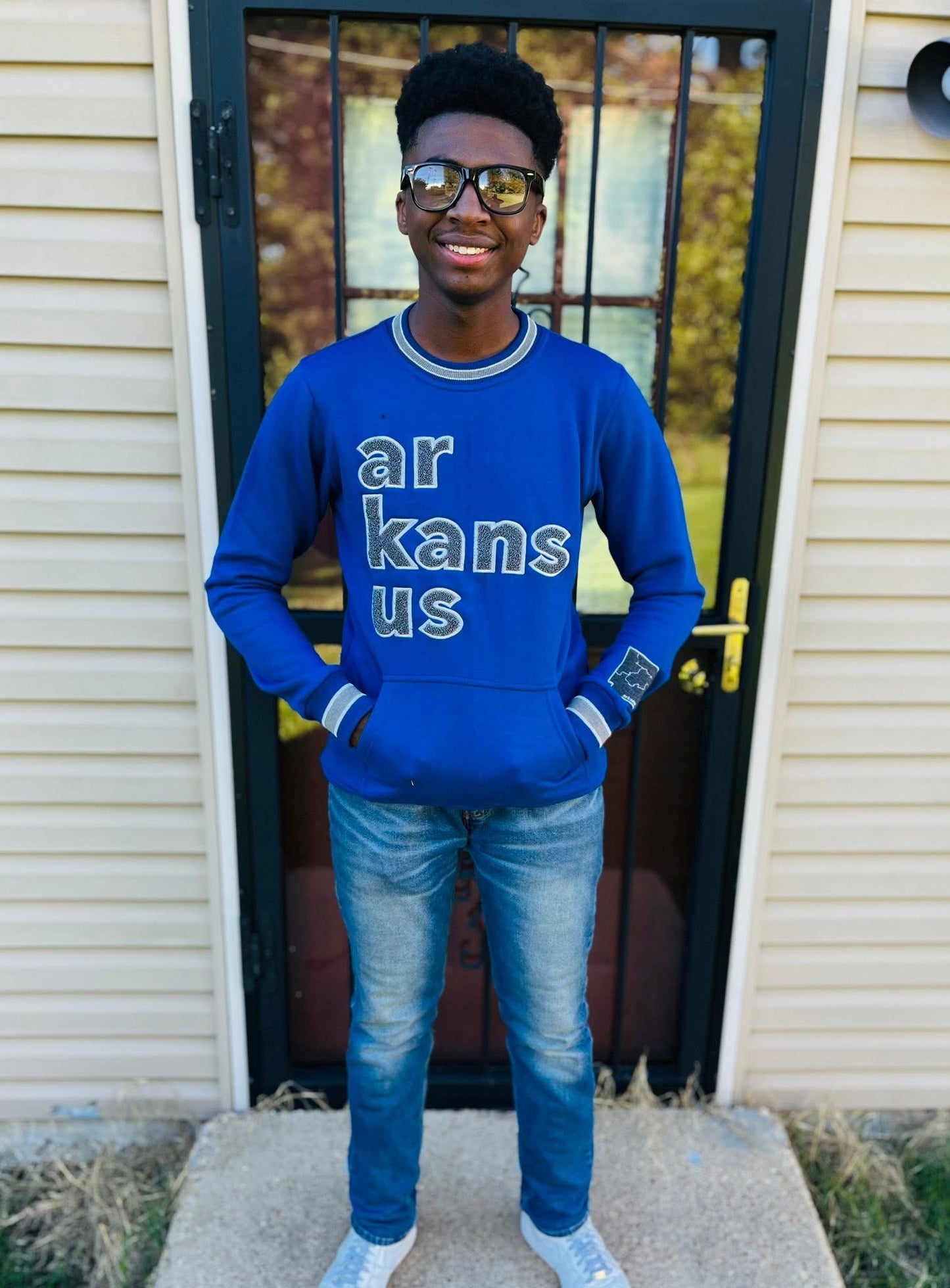 Royal Blue & Gray & White Trim- ArkansUS Crewneck Sweatshirt with Pockets- State Patch-Grid lines