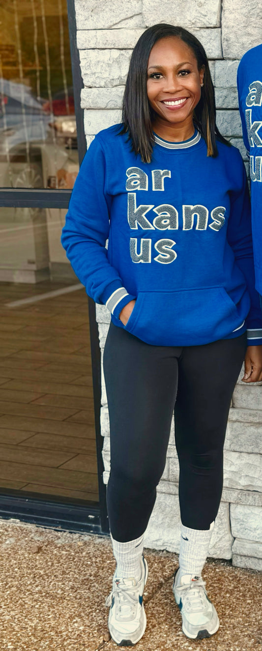 Royal Blue & Gray & White Trim- ArkansUS Crewneck Sweatshirt with Pockets- State Patch-Grid lines