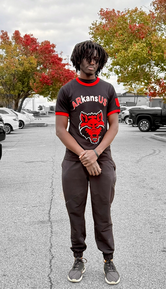 RED WOLF embroidered Black & Red ArkansUS Euro-Fit T-Shirt