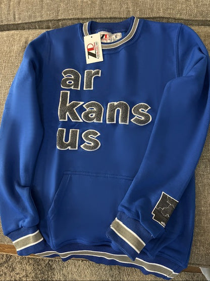Royal Blue & Gray & White Trim- ArkansUS Crewneck Sweatshirt with Pockets- State Patch-Grid lines